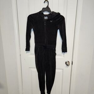 Justice Girls Black Velour Hooded Jumpsuit Size 10 Sequin Sparkle Graphic